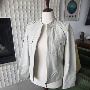 NWOT Attention White / Cream Moto Racing Military Style Leather Jacket, Size 10